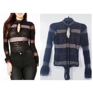 Bebe Black Lace Mock Neck Keyhole Neckline Bodysuit Long Sleeves